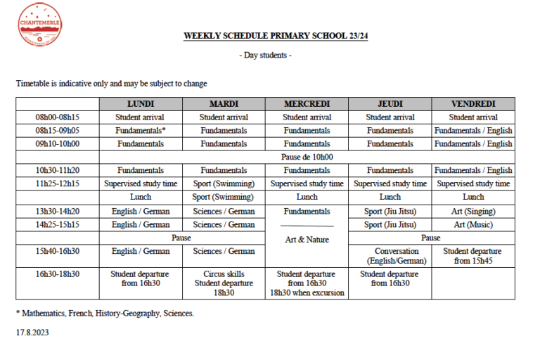 time table primary chantemerle