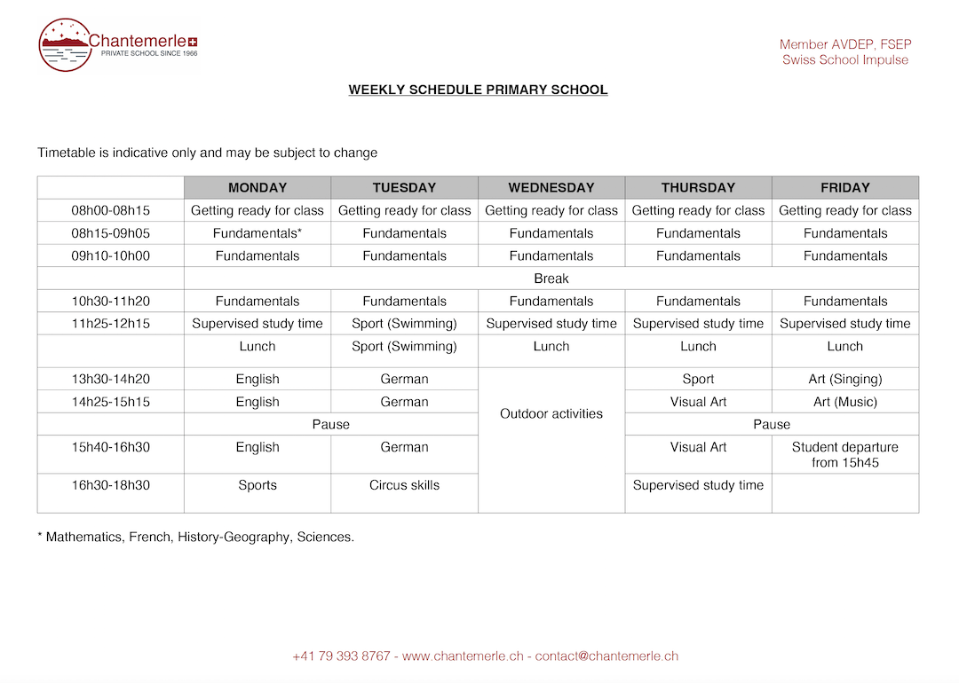 weekly schedule primary chantemerle