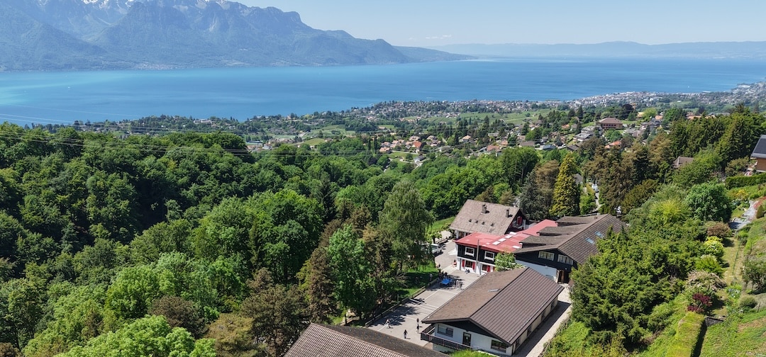 Aerial view of Chantemerle campus and Lake Geneva